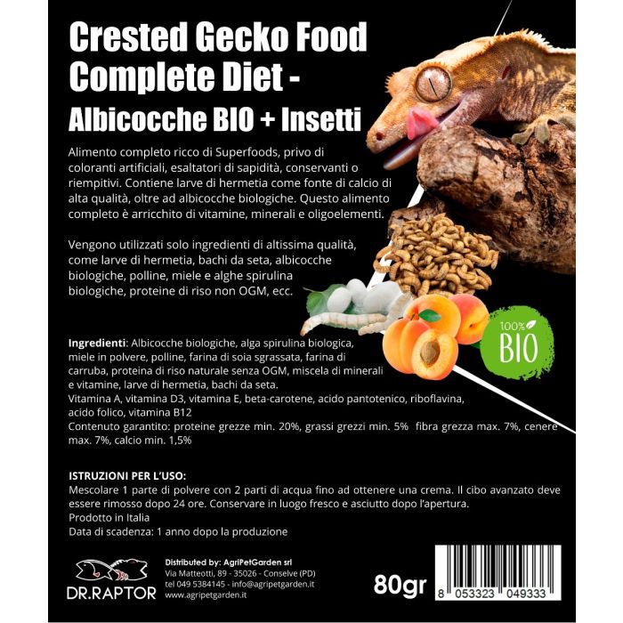 Dr.Raptor Crested Gecko Food Complete Diet - Albicocche BIO + Insetti